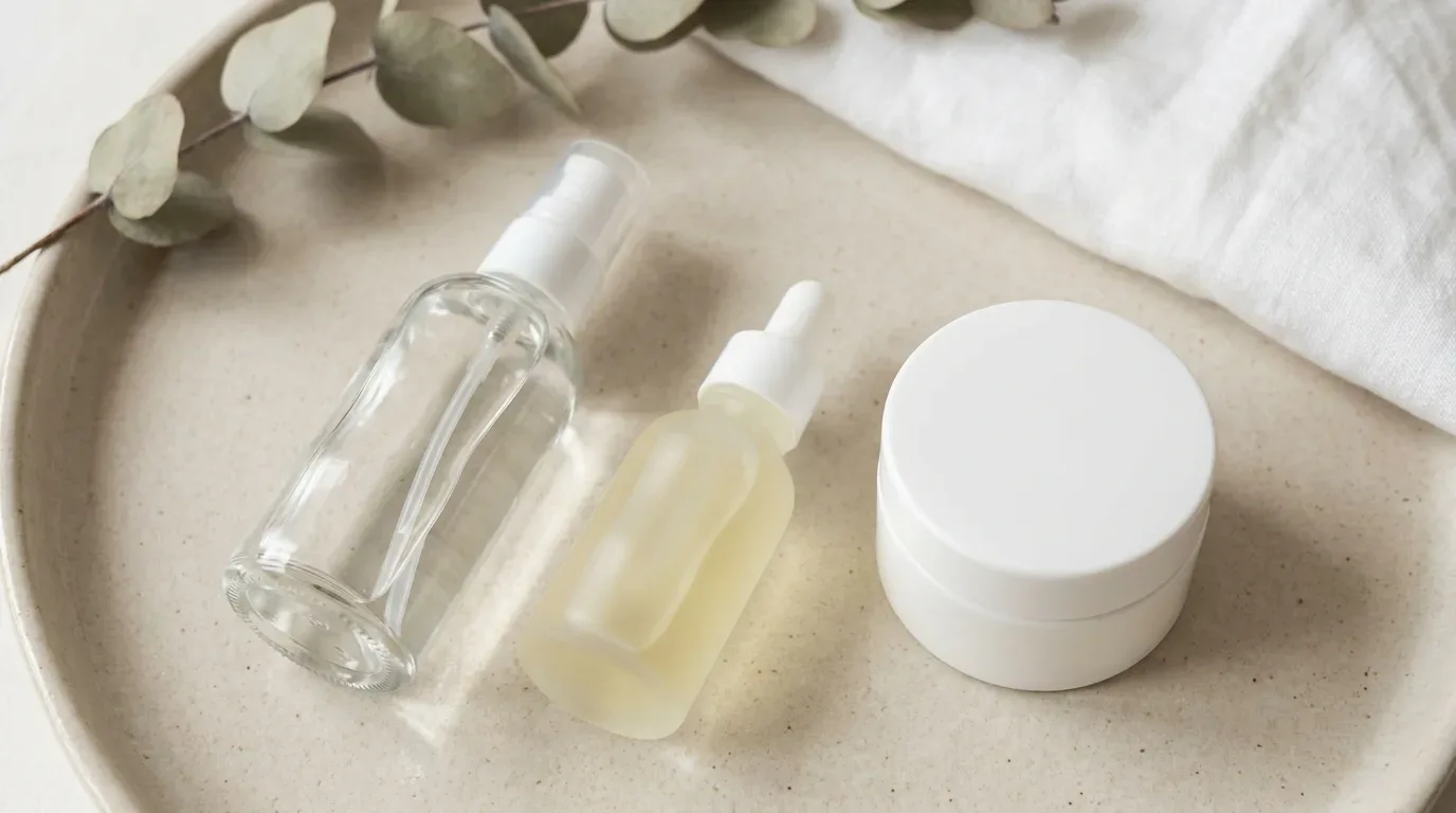Produtos para preparação da pele, como sérum e hidratante, que são o primeiro passo para fazer a maquiagem durar mais.