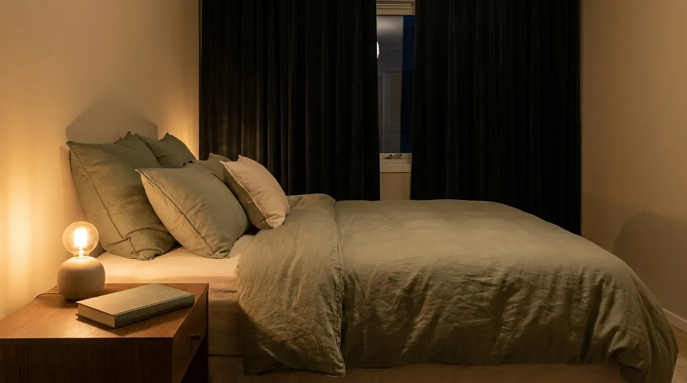 Quarto arrumado e tranquilo, com cama confortável e cortinas blackout, criando um ambiente perfeito para o sono reparador.