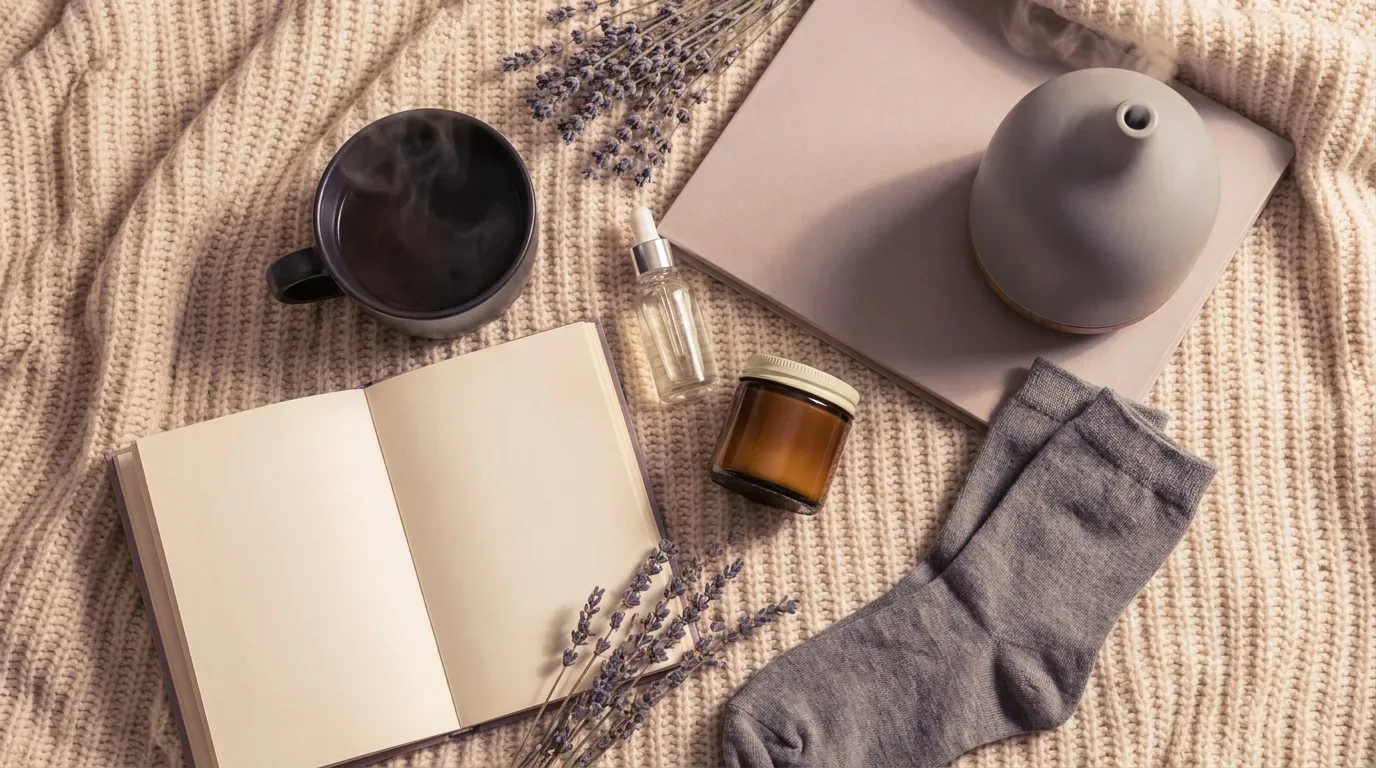 Itens de um ritual noturno de autocuidado, como chá de camomila, um livro e produtos de skincare, arranjados de forma elegante para promover o relaxamento.