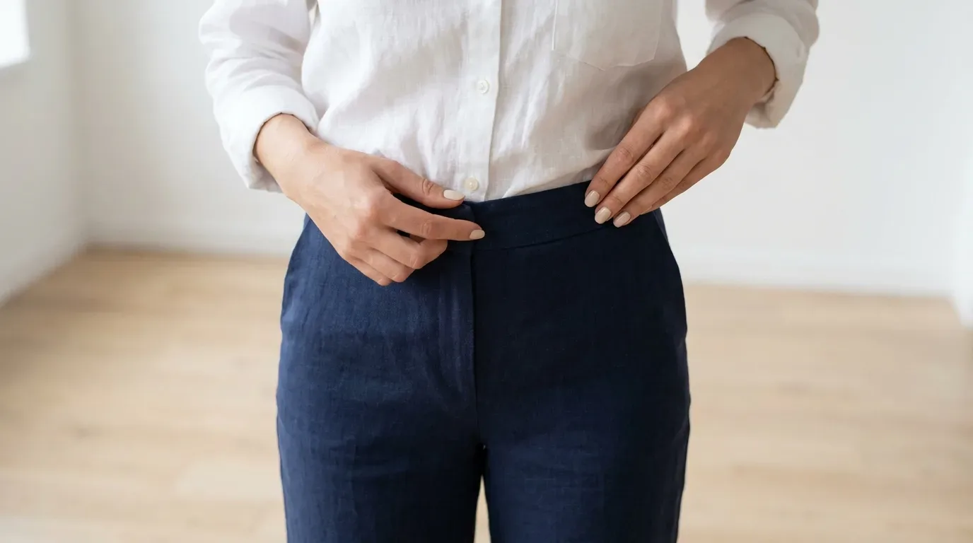 Close-up de uma mulher montando um look em camadas no estilo old money, com foco nas texturas de uma camisa e uma calça de alfaiataria.