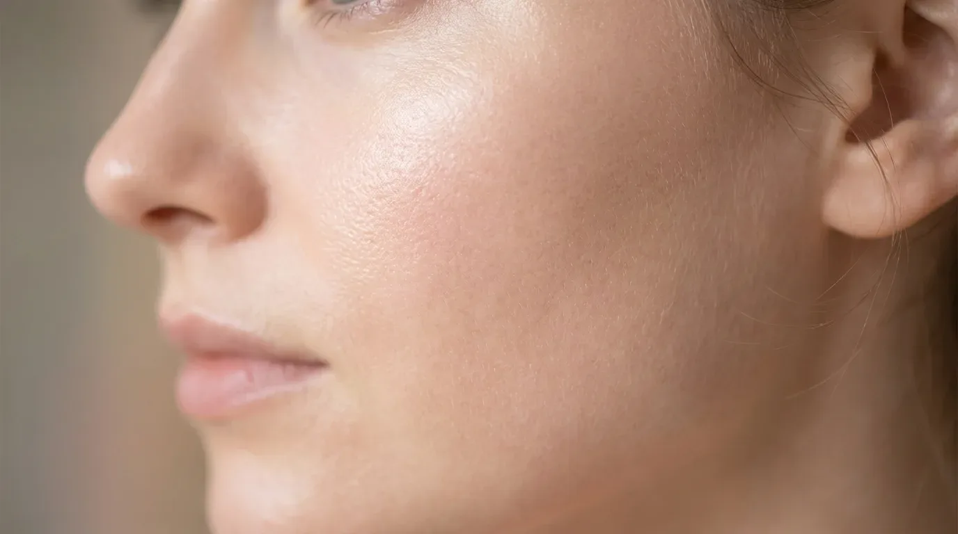 Close-up do rosto de uma mulher com pele saudável e radiante, demonstrando os benefícios de uma rotina de skincare bem-sucedida.