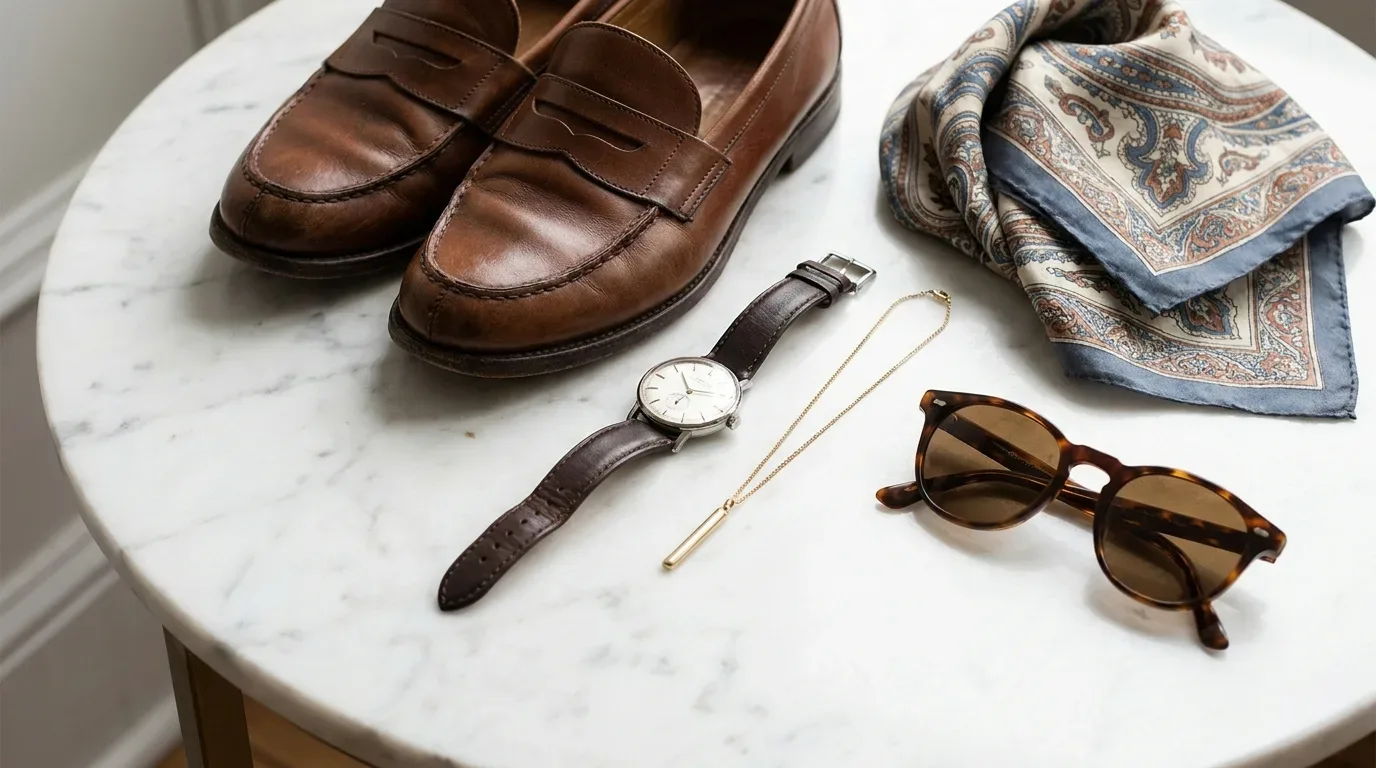 Acessórios clássicos do estilo old money, incluindo um par de mocassins de couro, um relógio clássico e um lenço de seda.