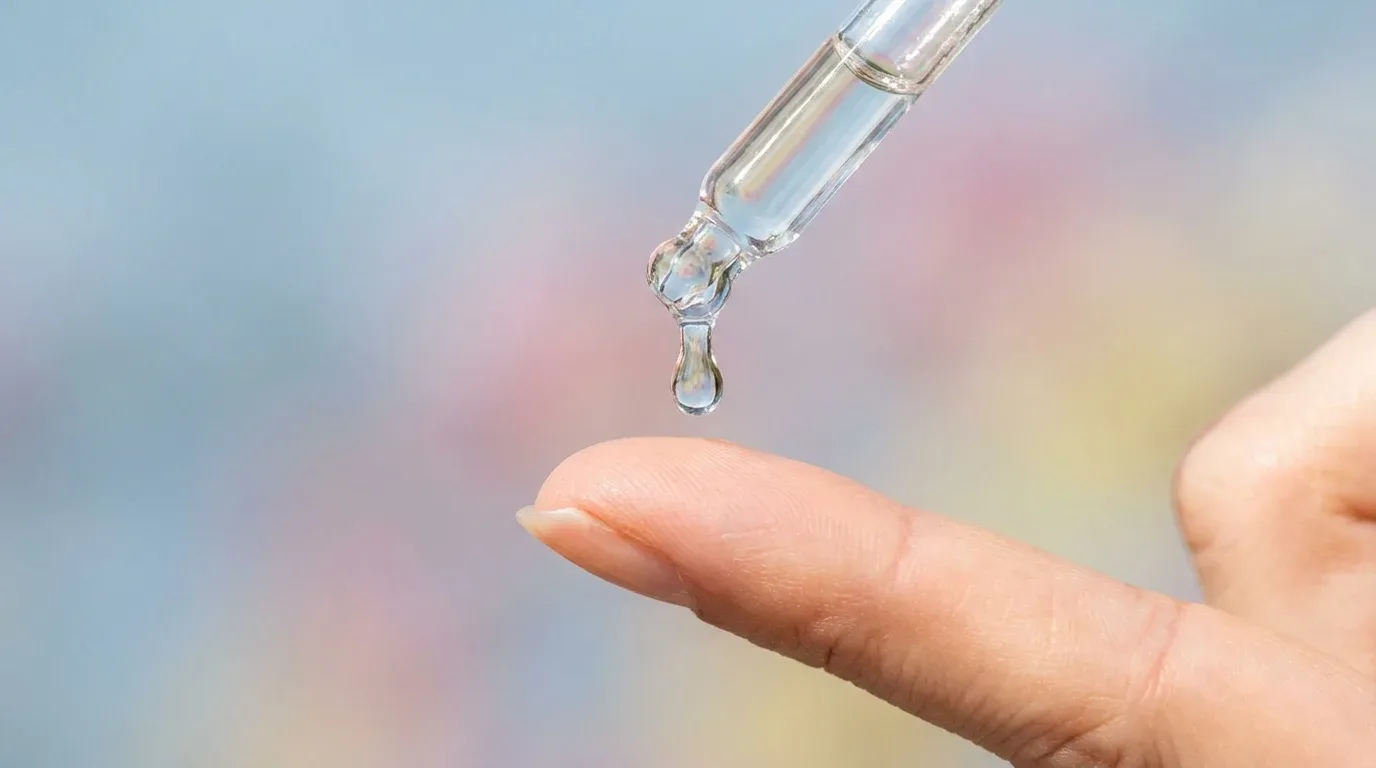 Gota de sérum com retinoide caindo na ponta do dedo, representando a segunda noite do ciclo de cuidados com a pele.