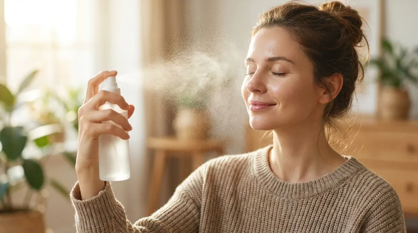 Mulher borrifando spray fixador no rosto, o passo final para garantir que a maquiagem dure o dia todo.